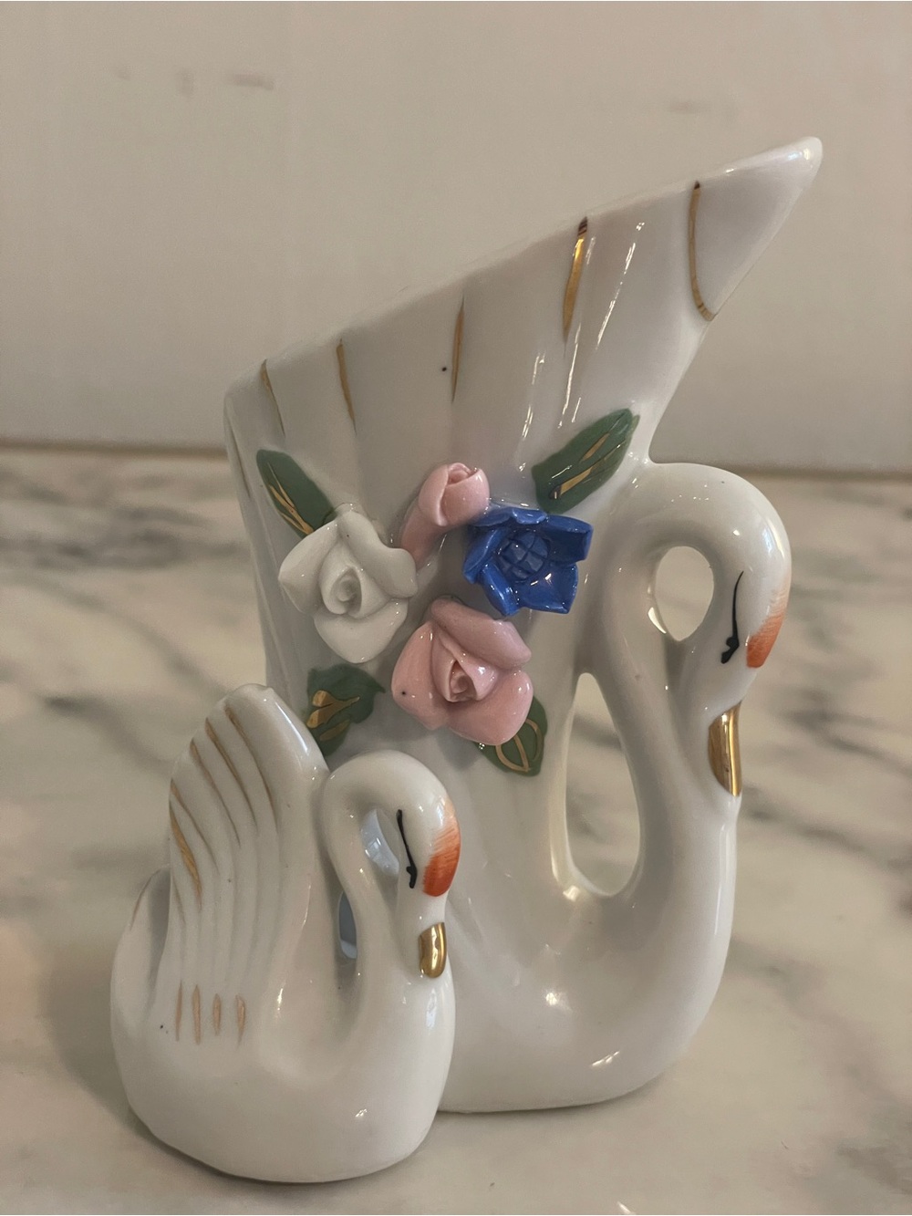 Vintage Gold-Trimmed Swan Vase Floral Porcelain Figurine 4”x3”